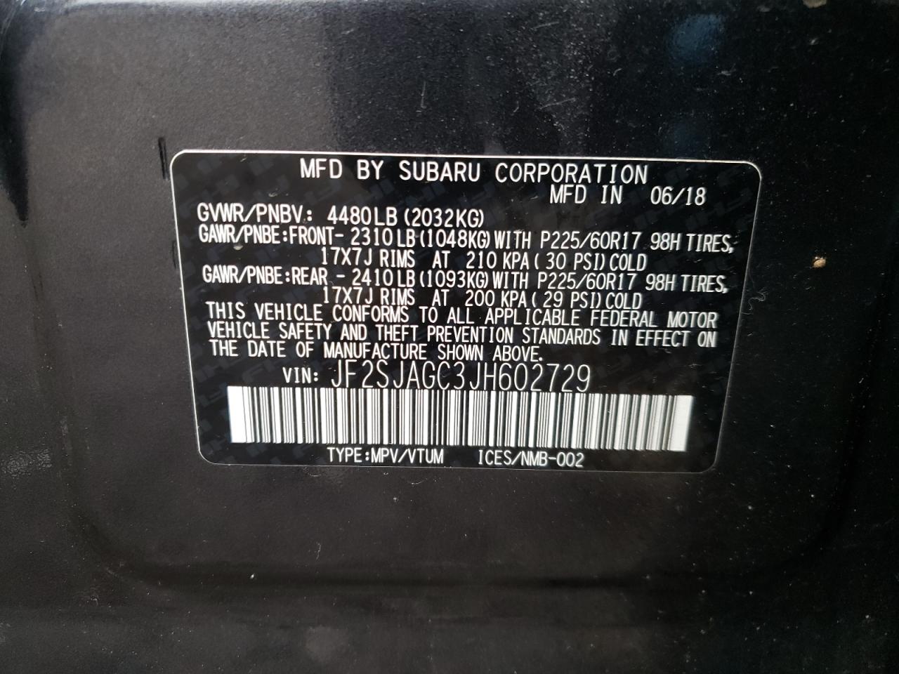 Photo 10 from auction – 2018 SUBARU FORESTER 2 with VIN JF2SJAGC3JH602729
