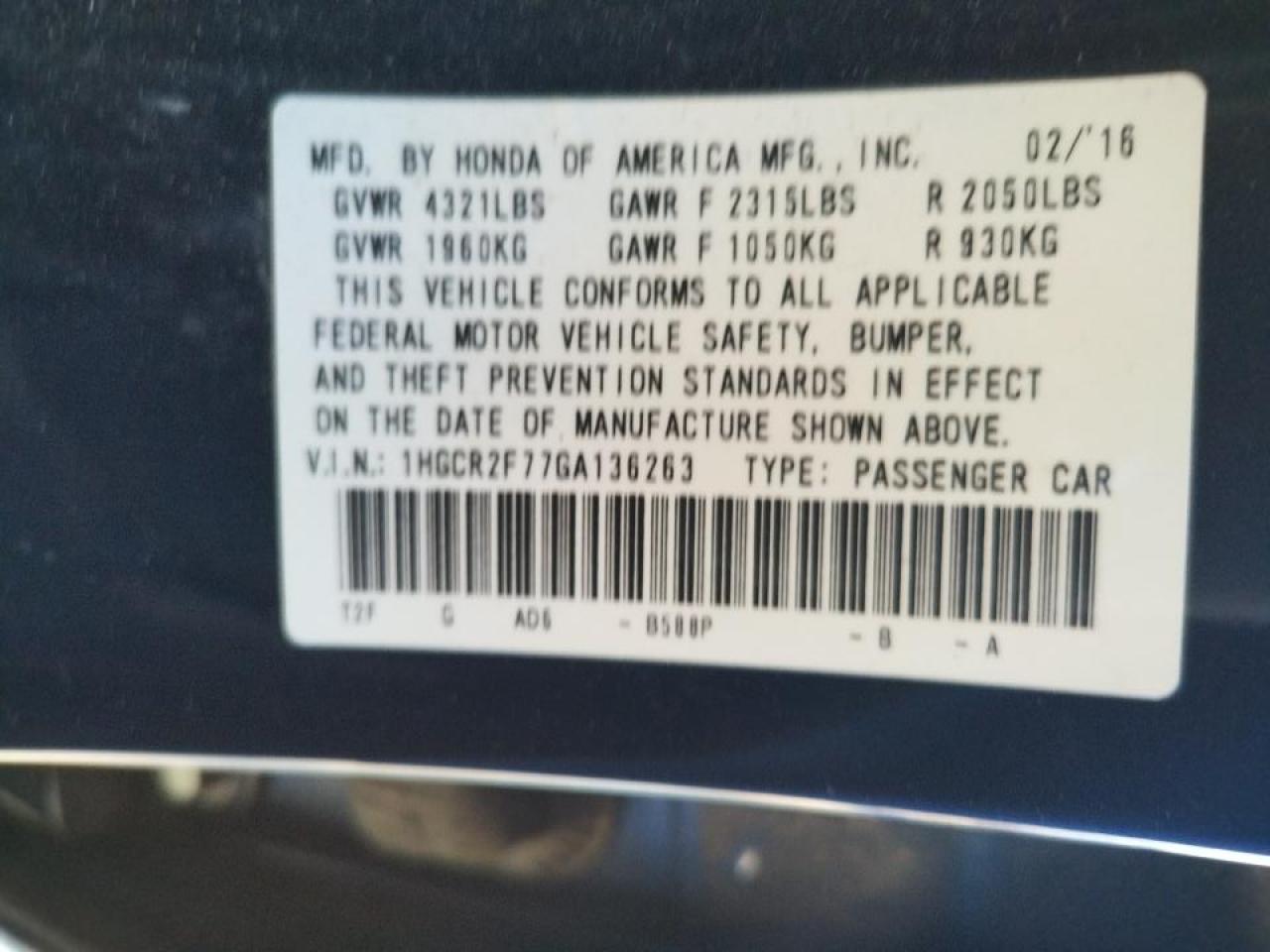 Photo 10 from auction – 2016 HONDA ACCORD EX with VIN 1HGCR2F77GA136263