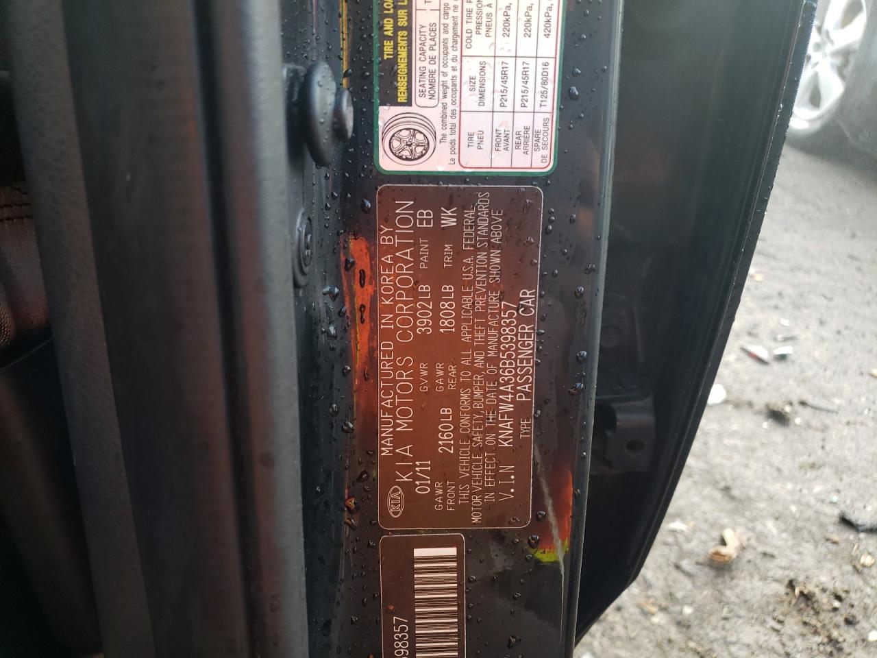 Photo 10 from auction – 2011 KIA FORTE SX with VIN KNAFW4A36B5398357
