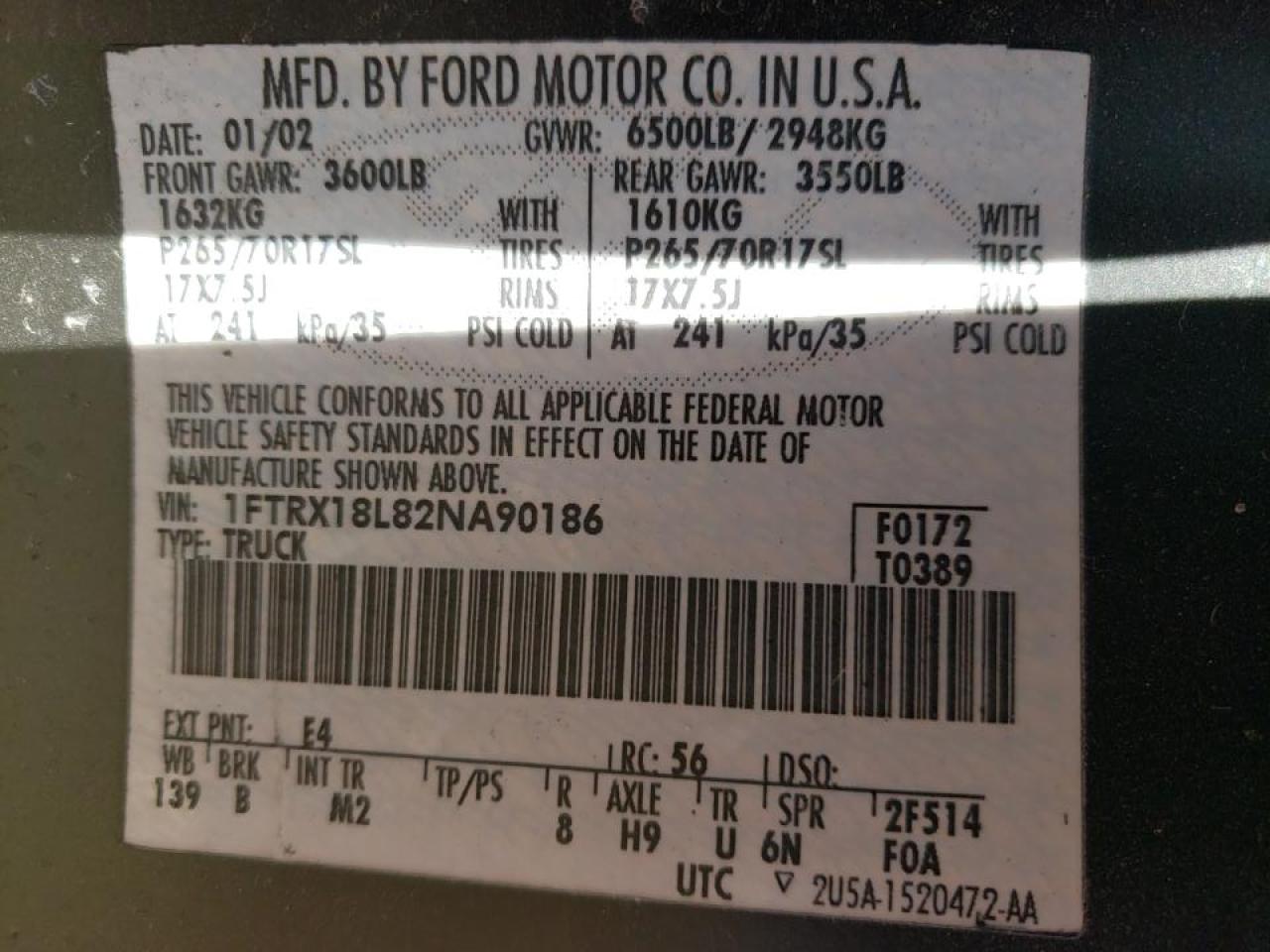 Photo 10 from auction – 2002 FORD F150 with VIN 1FTRX18L82NA90186