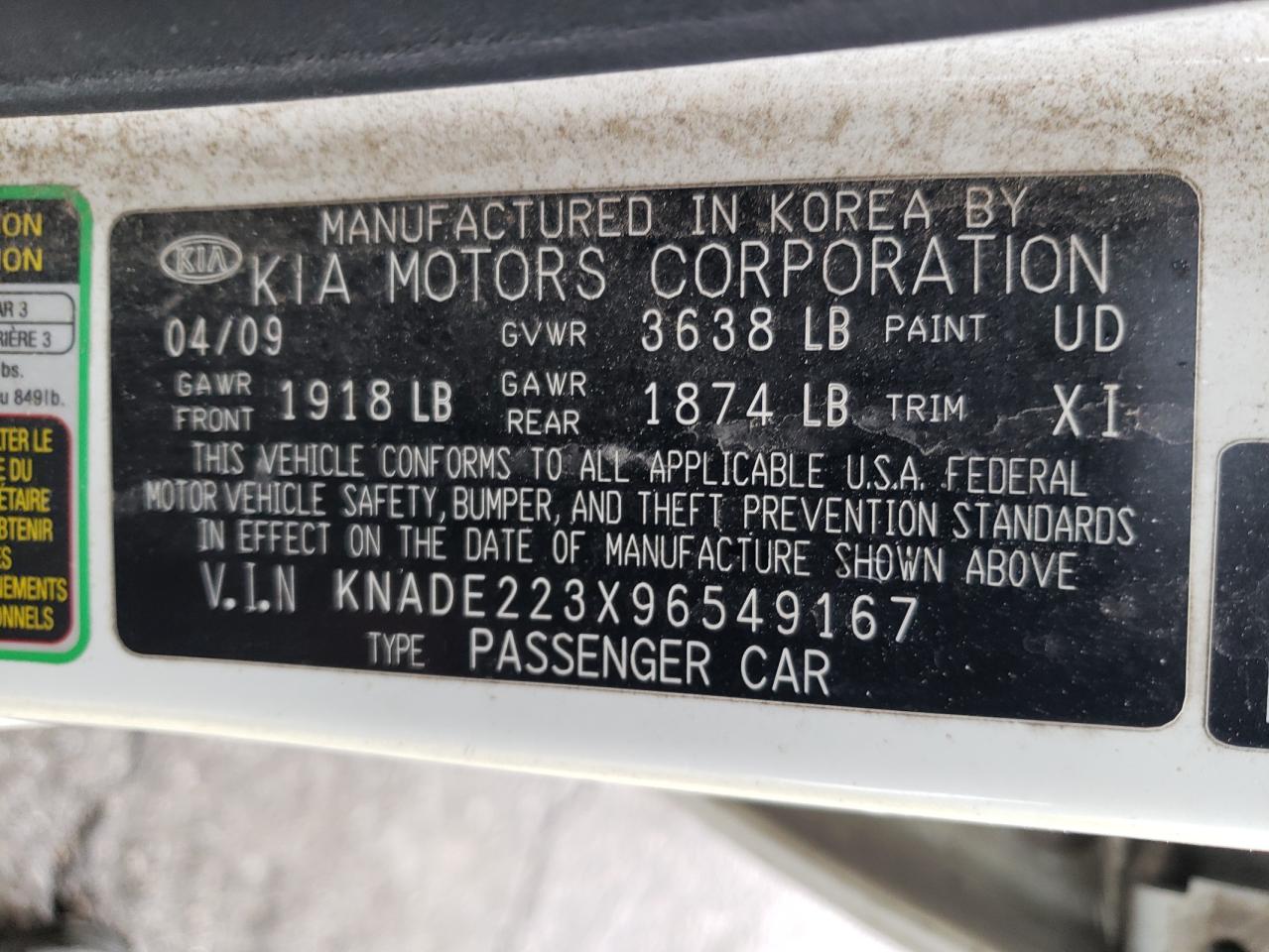 Photo 10 from auction – 2009 KIA RIO BASE with VIN KNADE223X96549167