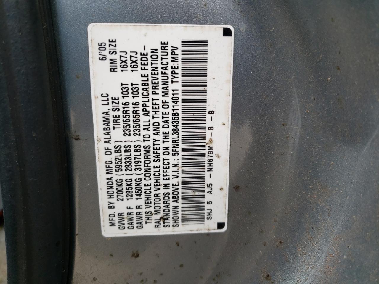 Photo 10 from auction – 2005 HONDA ODYSSEY EX with VIN 5FNRL38435B114011