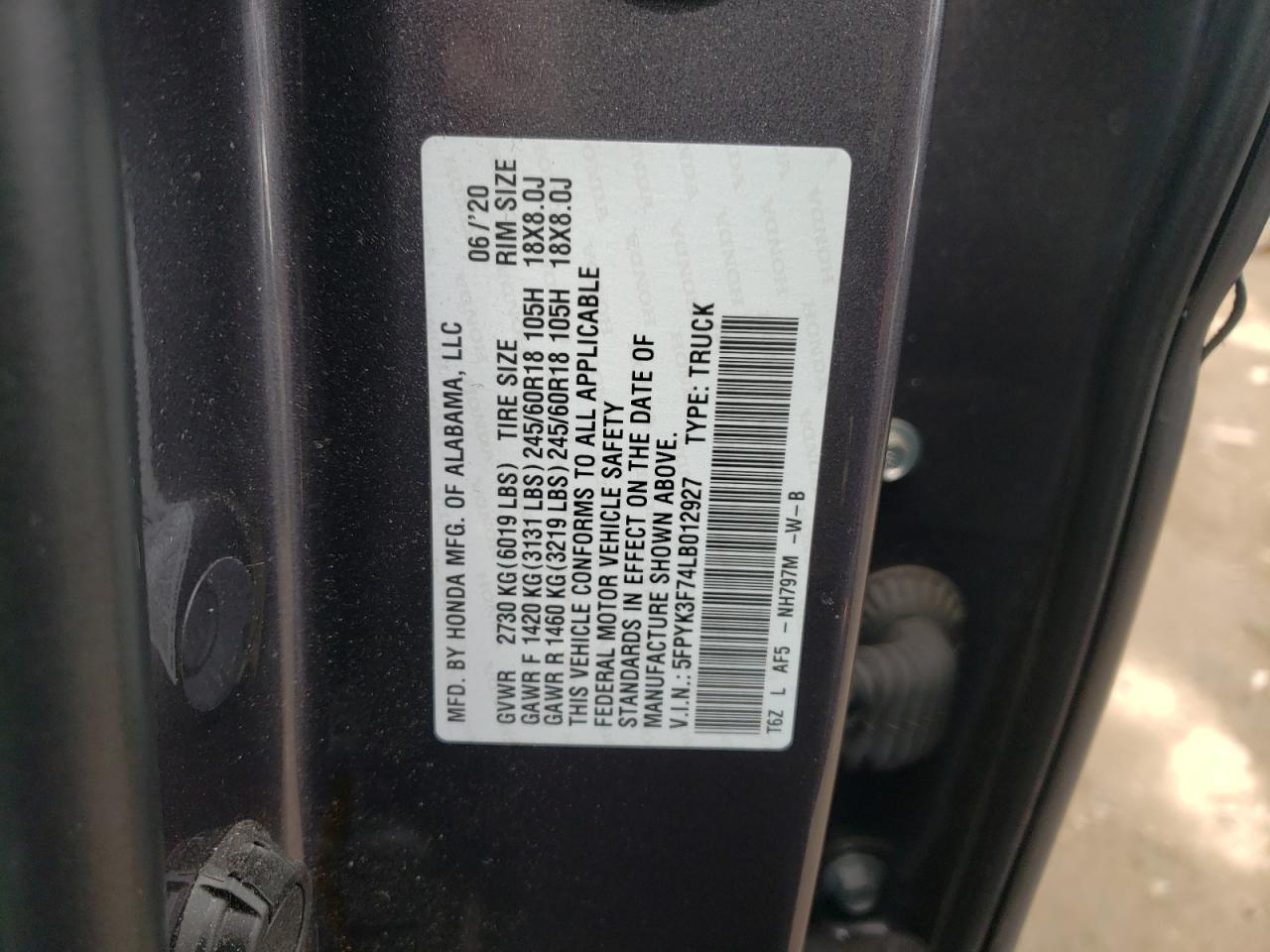 Photo 10 from auction – 2020 HONDA RIDGELINE with VIN 5FPYK3F74LB012927