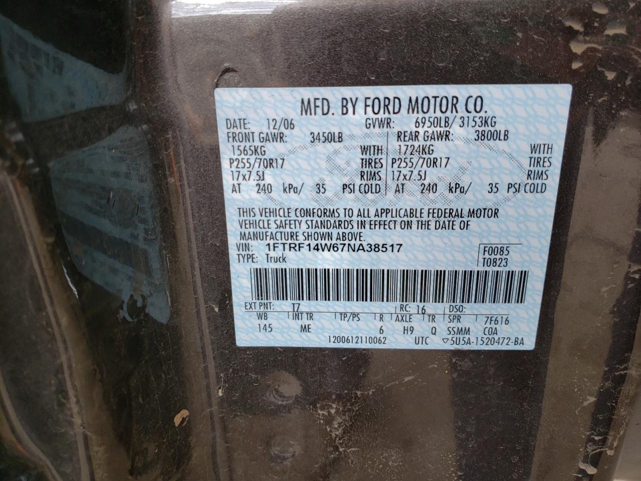 Photo 10 from auction – 2007 FORD F150 with VIN 1FTRF14W67NA38517