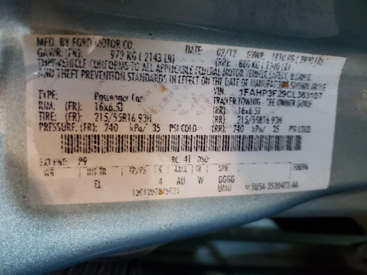 Photo 10 from auction – 2012 FORD FOCUS SE with VIN 1FAHP3F29CL363107