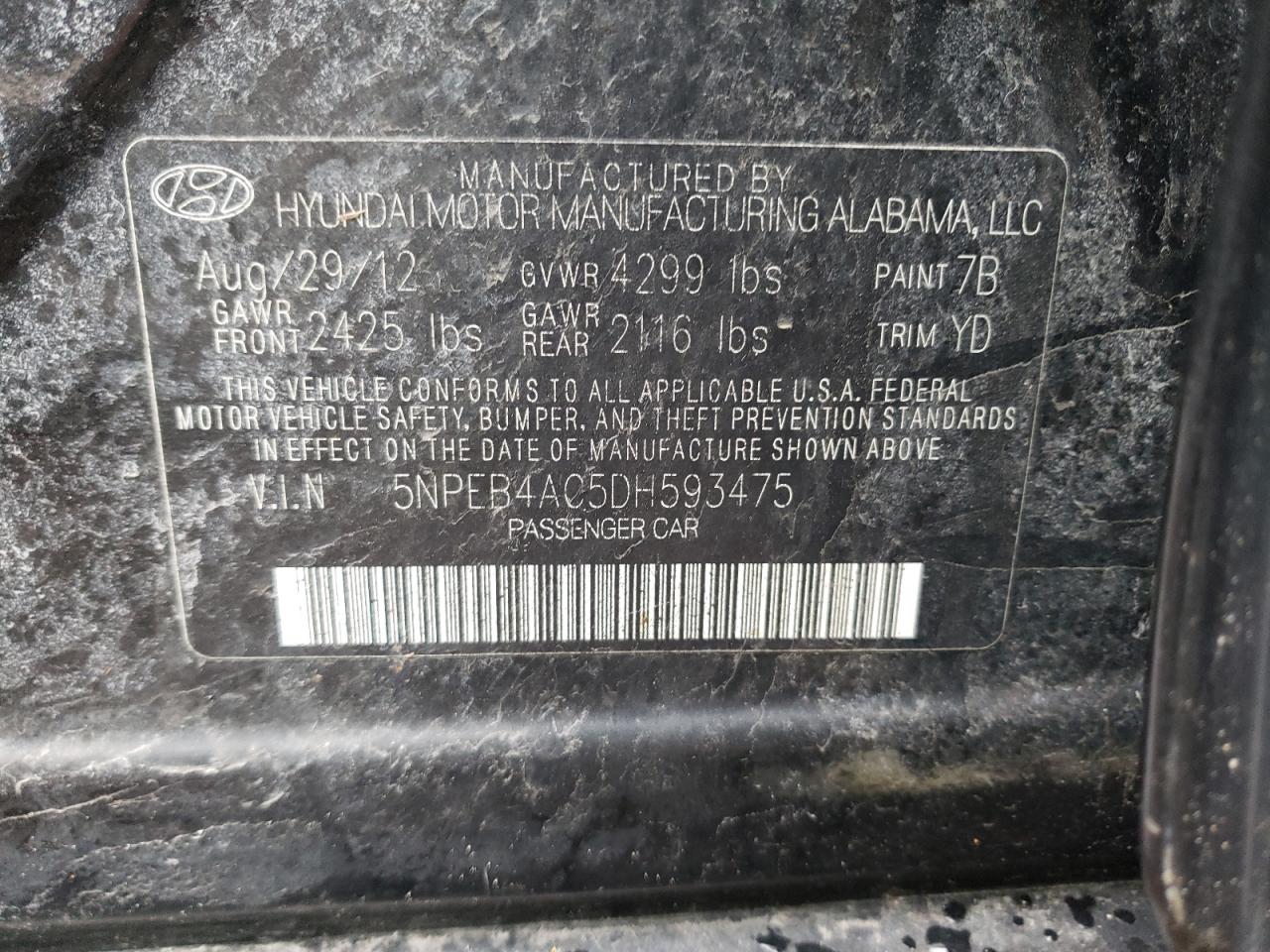 Photo 10 from auction – 2013 HYUNDAI SONATA GLS with VIN 5NPEB4AC5DH593475