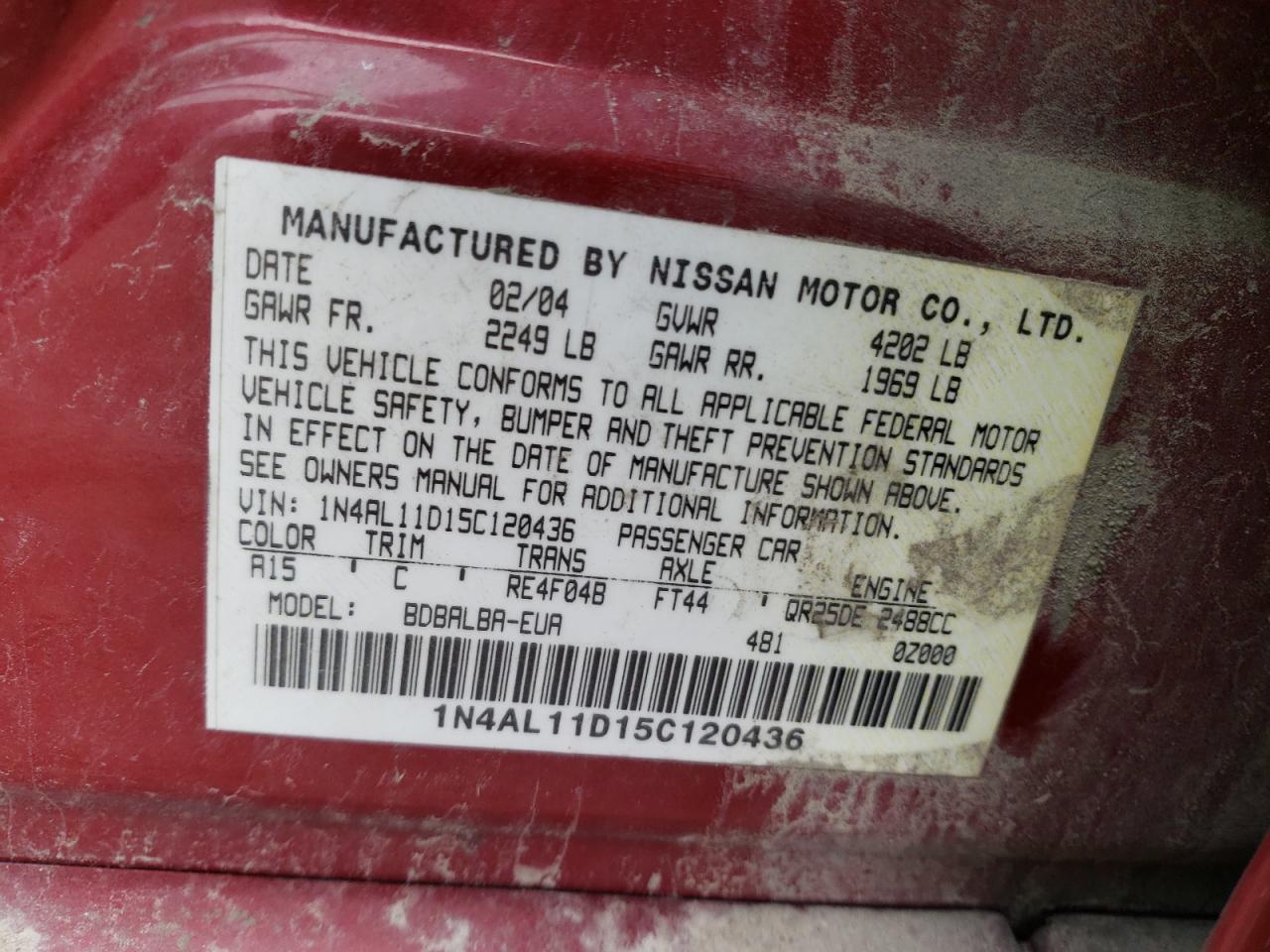 Photo 10 from auction – 2005 NISSAN ALTIMA S with VIN 1N4AL11D15C120436
