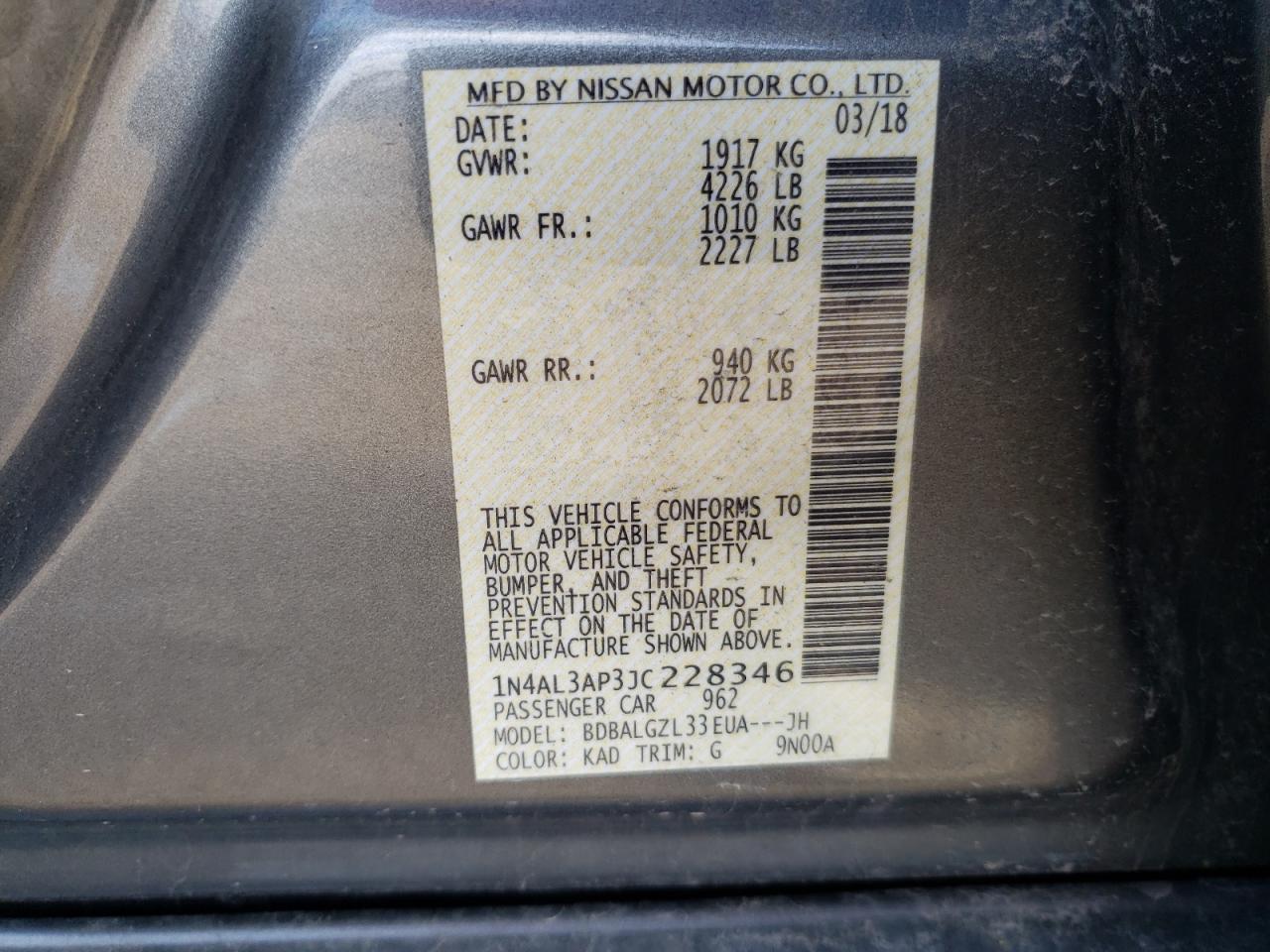Photo 10 from auction – 2018 NISSAN ALTIMA 2.5 with VIN 1N4AL3AP3JC228346