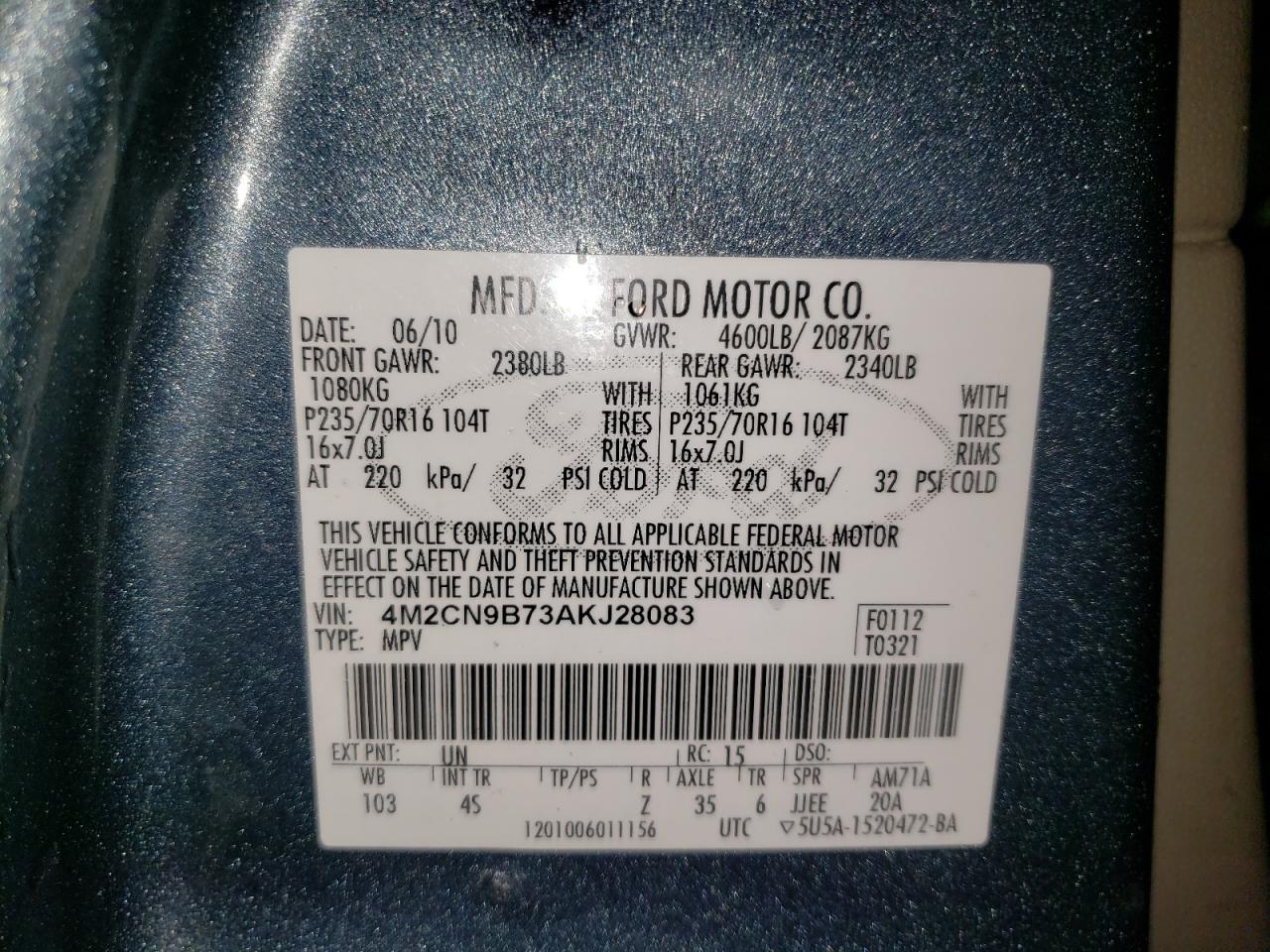 Photo 10 from auction – 2010 MERCURY MARINER with VIN 4M2CN9B73AKJ28083
