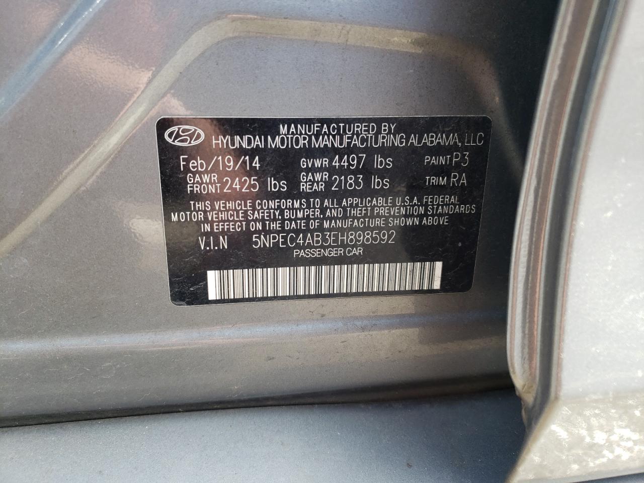 Photo 10 from auction – 2014 HYUNDAI SONATA SE with VIN 5NPEC4AB3EH898592