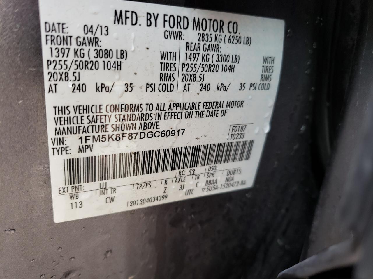 Photo 10 from auction – 2013 FORD EXPLORER L with VIN 1FM5K8F87DGC60917