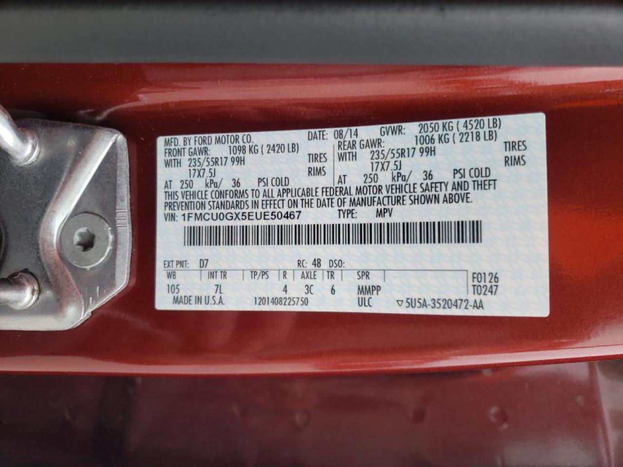Photo 10 from auction – 2014 FORD ESCAPE SE with VIN 1FMCU0GX5EUE50467