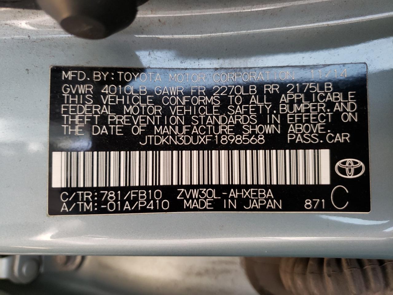 Photo 10 from auction – 2015 TOYOTA PRIUS with VIN JTDKN3DUXF1898568
