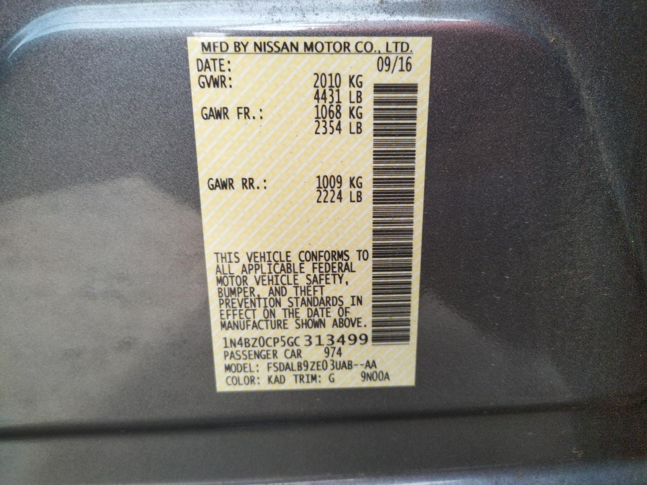 Photo 10 from auction – 2016 NISSAN LEAF SV with VIN 1N4BZ0CP5GC313499
