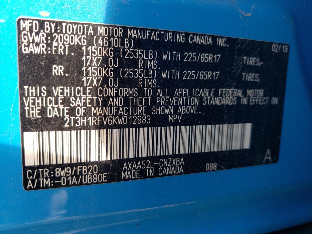 Photo 10 from auction – 2019 TOYOTA RAV4 LE with VIN 2T3H1RFV6KW012983