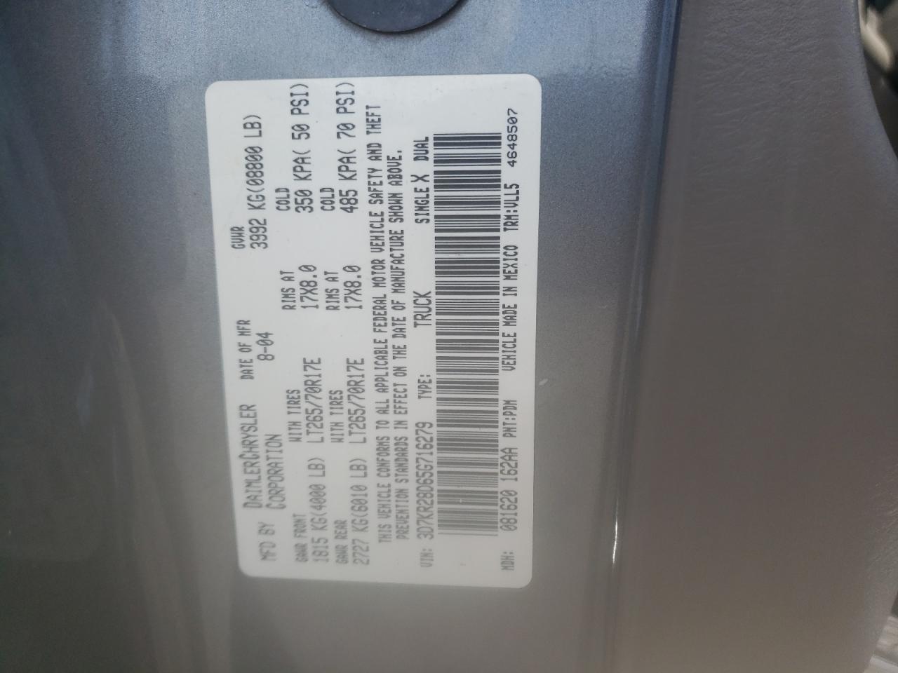 Photo 10 from auction – 2005 DODGE RAM 2500 S with VIN 3D7KR28D65G716279
