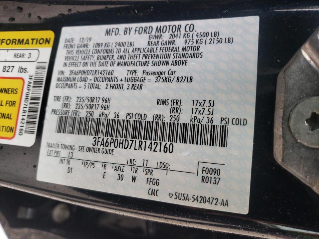Photo 10 from auction – 2020 FORD FUSION SE with VIN 3FA6P0HD7LR142160