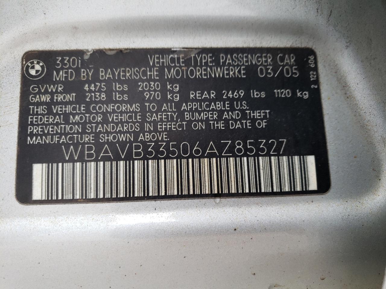 Photo 10 from auction – 2006 BMW 330 I with VIN WBAVB33506AZ85327
