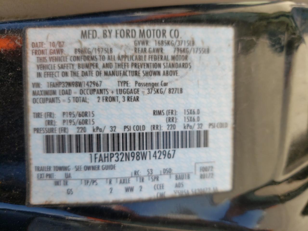 Photo 10 from auction – 2008 FORD FOCUS S/SE with VIN 1FAHP32N98W142967