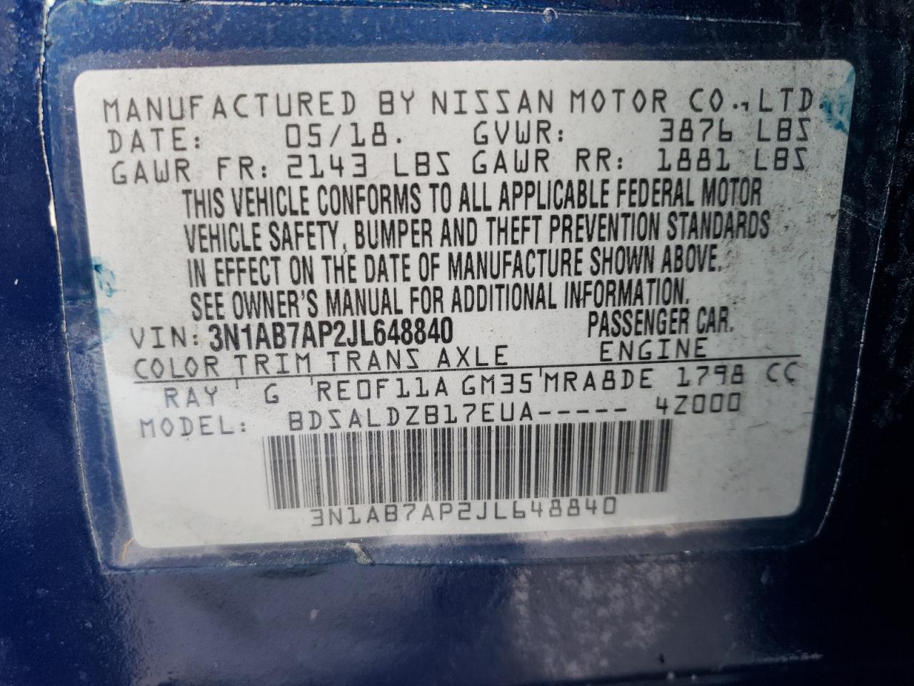 Photo 10 from auction – 2018 NISSAN SENTRA S with VIN 3N1AB7AP2JL648840