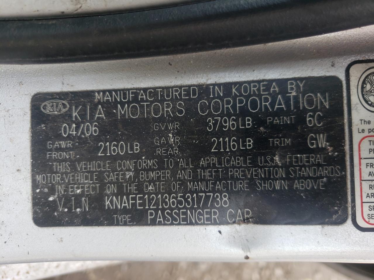 Photo 10 from auction – 2006 KIA SPECTRA LX with VIN KNAFE121365317738