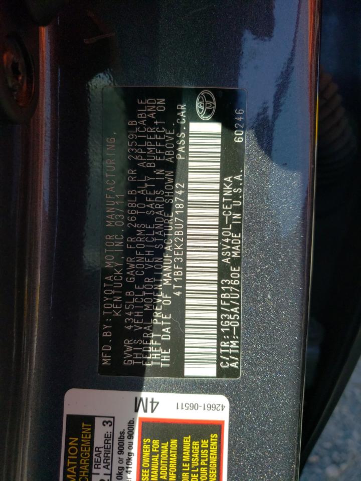 Photo 10 from auction – 2011 TOYOTA CAMRY BASE with VIN 4T1BF3EK2BU718742