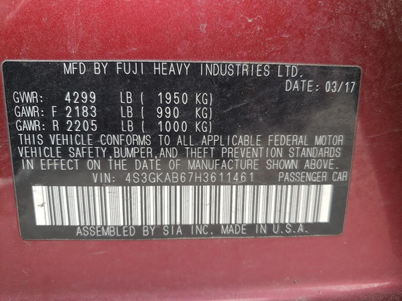 Photo 10 from auction – 2017 SUBARU IMPREZA PR with VIN 4S3GKAB67H3611461
