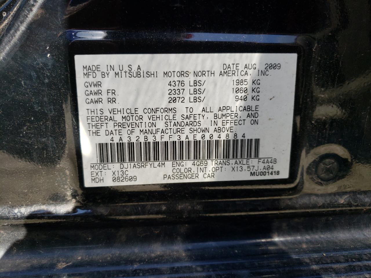 Photo 10 from auction – 2010 MITSUBISHI GALANT ES with VIN 4A32B3FF3AE004884