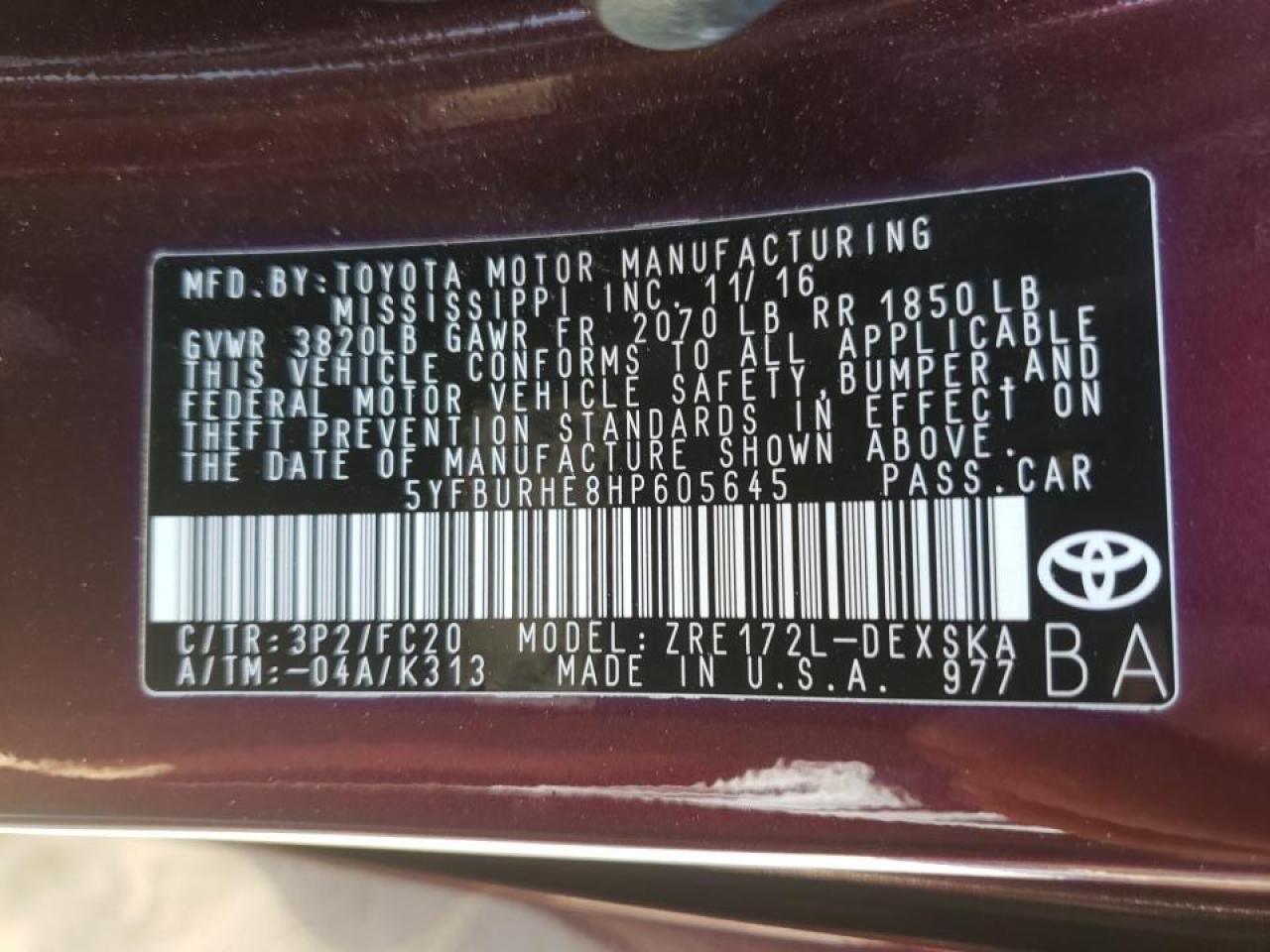 Photo 10 from auction – 2017 TOYOTA COROLLA L with VIN 5YFBURHE8HP605645
