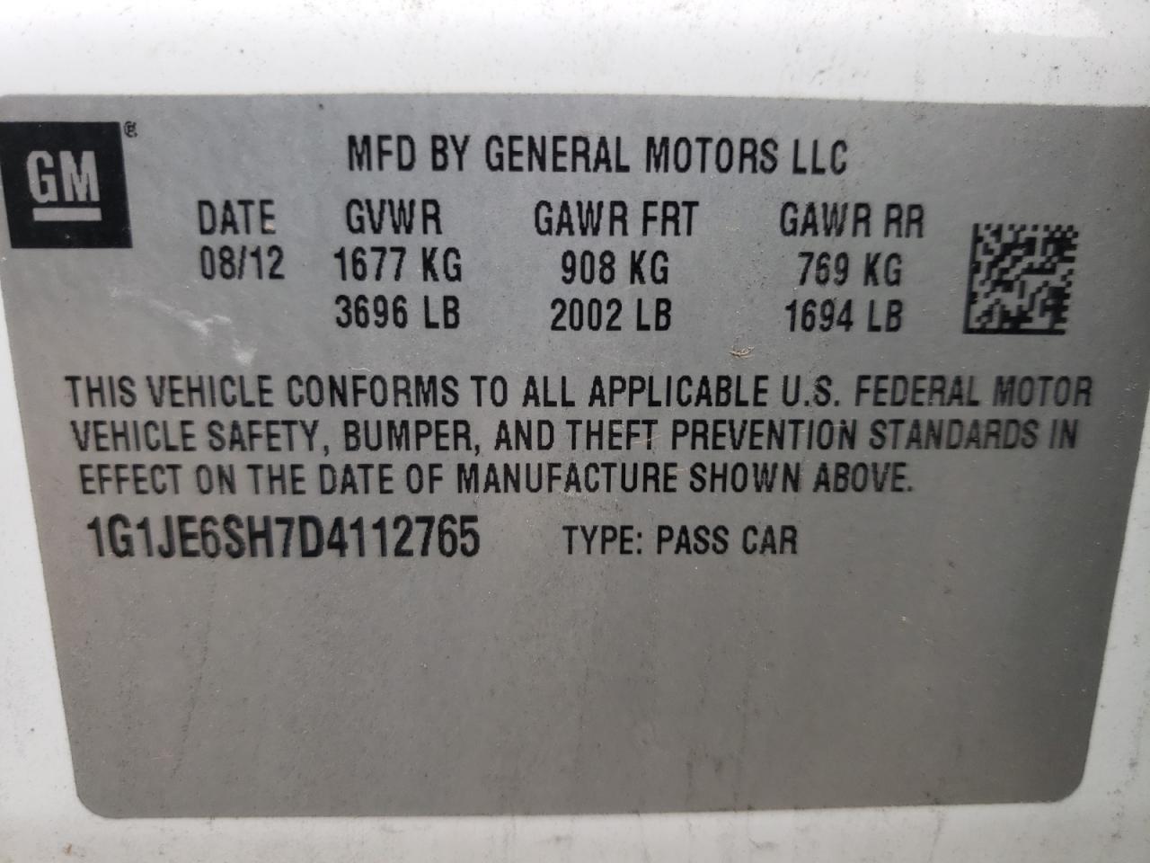 Photo 10 from auction – 2013 CHEVROLET SONIC LTZ with VIN 1G1JE6SH7D4112765