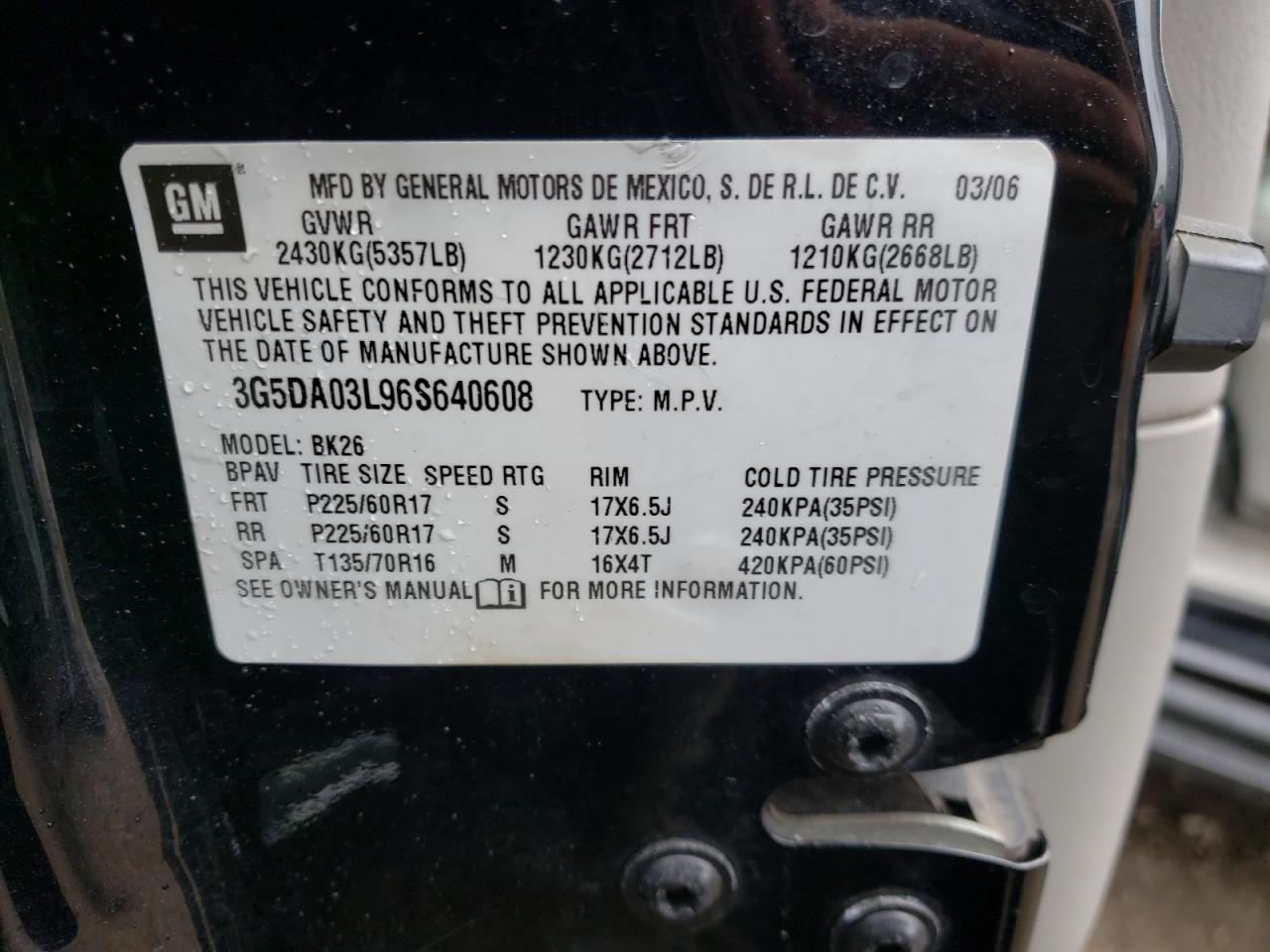 Photo 10 from auction – 2006 BUICK RENDEZVOUS with VIN 3G5DA03L96S640608