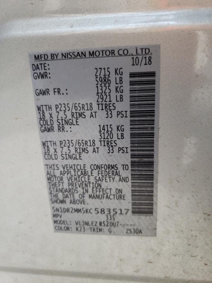 Photo 10 from auction – 2019 NISSAN PATHFINDER with VIN 5N1DR2MM5KC583517