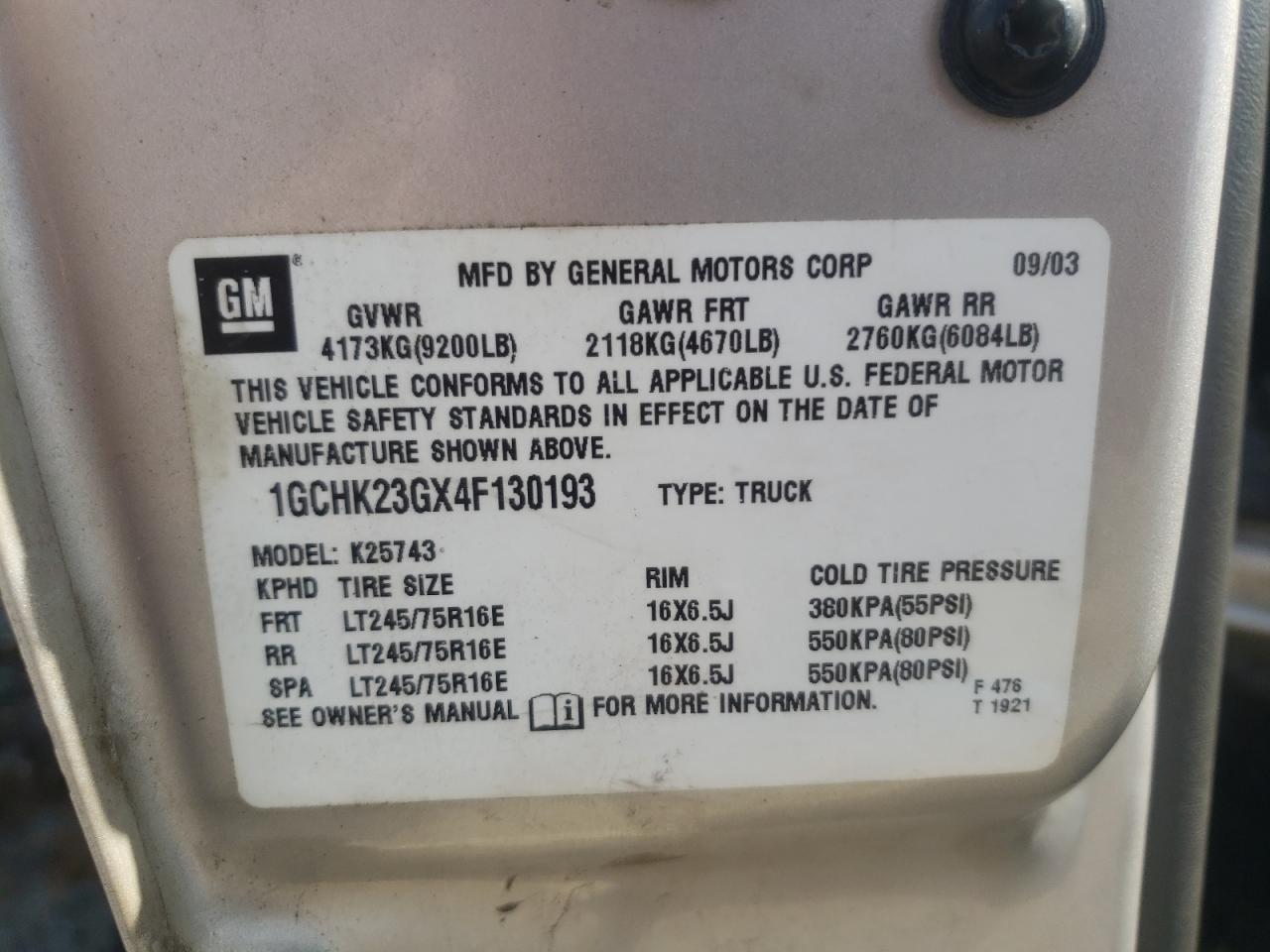 Photo 10 from auction – 2004 CHEVROLET SILVERADO with VIN 1GCHK23GX4F130193