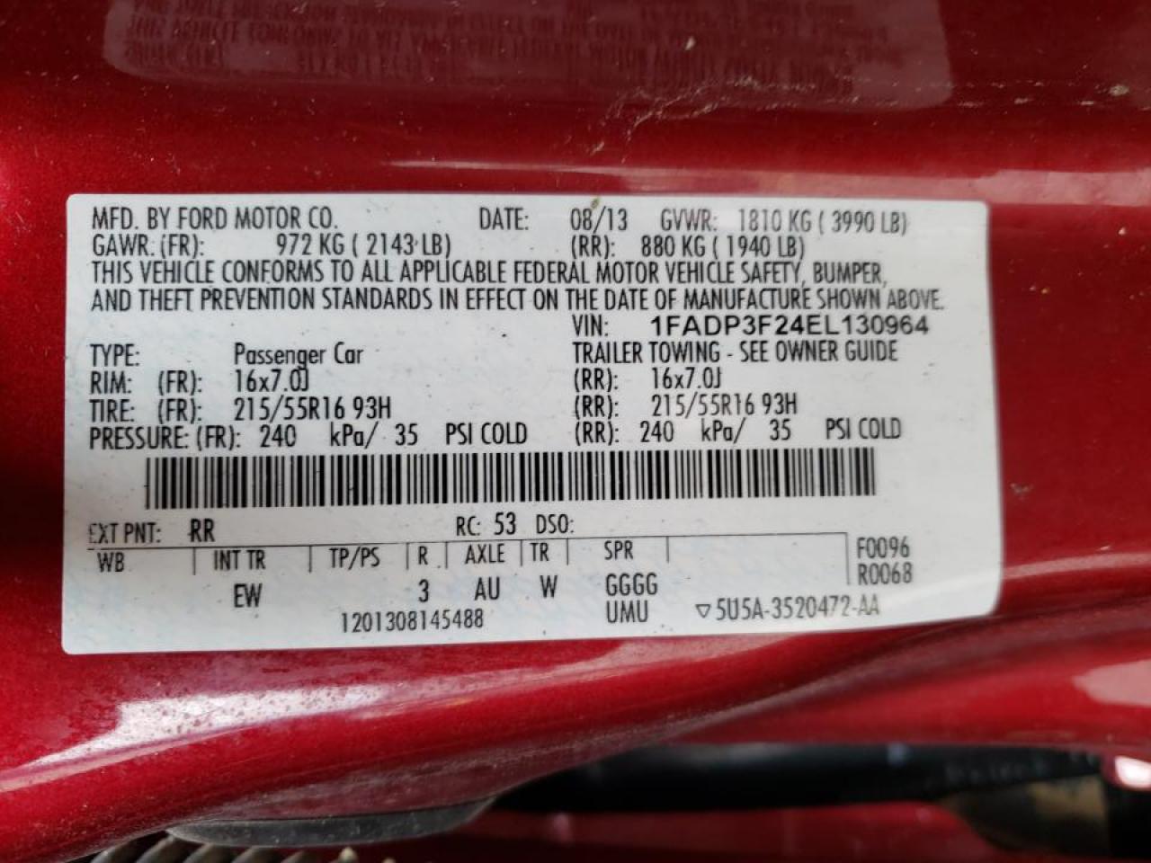 Photo 10 from auction – 2014 FORD FOCUS SE with VIN 1FADP3F24EL130964