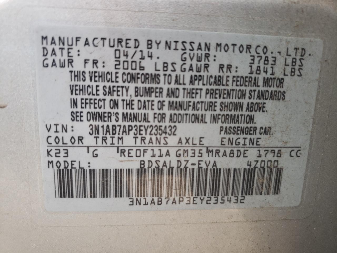 Photo 10 from auction – 2014 NISSAN SENTRA S with VIN 3N1AB7AP3EY235432