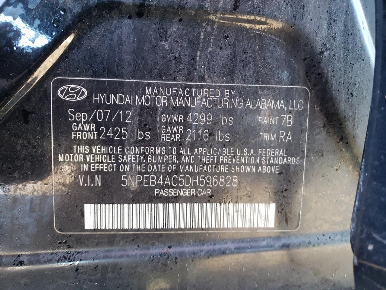 Photo 10 from auction – 2013 HYUNDAI SONATA GLS with VIN 5NPEB4AC5DH596828