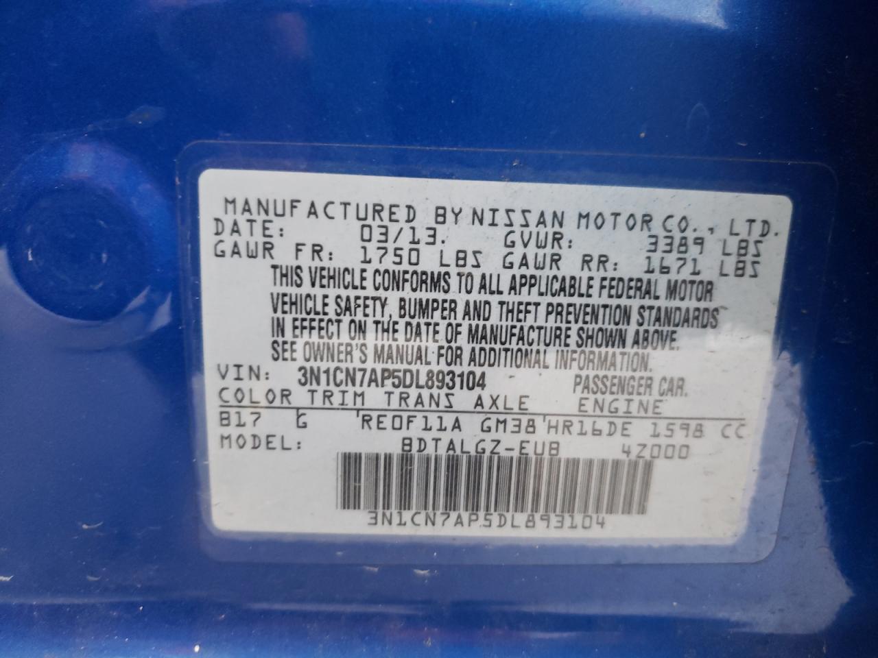 Photo 10 from auction – 2013 NISSAN VERSA S with VIN 3N1CN7AP5DL893104