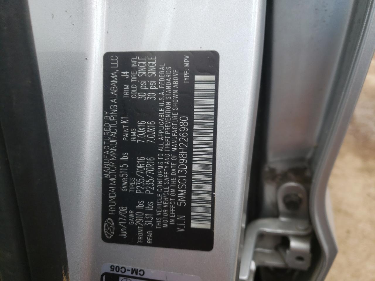 Photo 10 from auction – 2008 HYUNDAI SANTA FE G with VIN 5NMSG13D98H226980