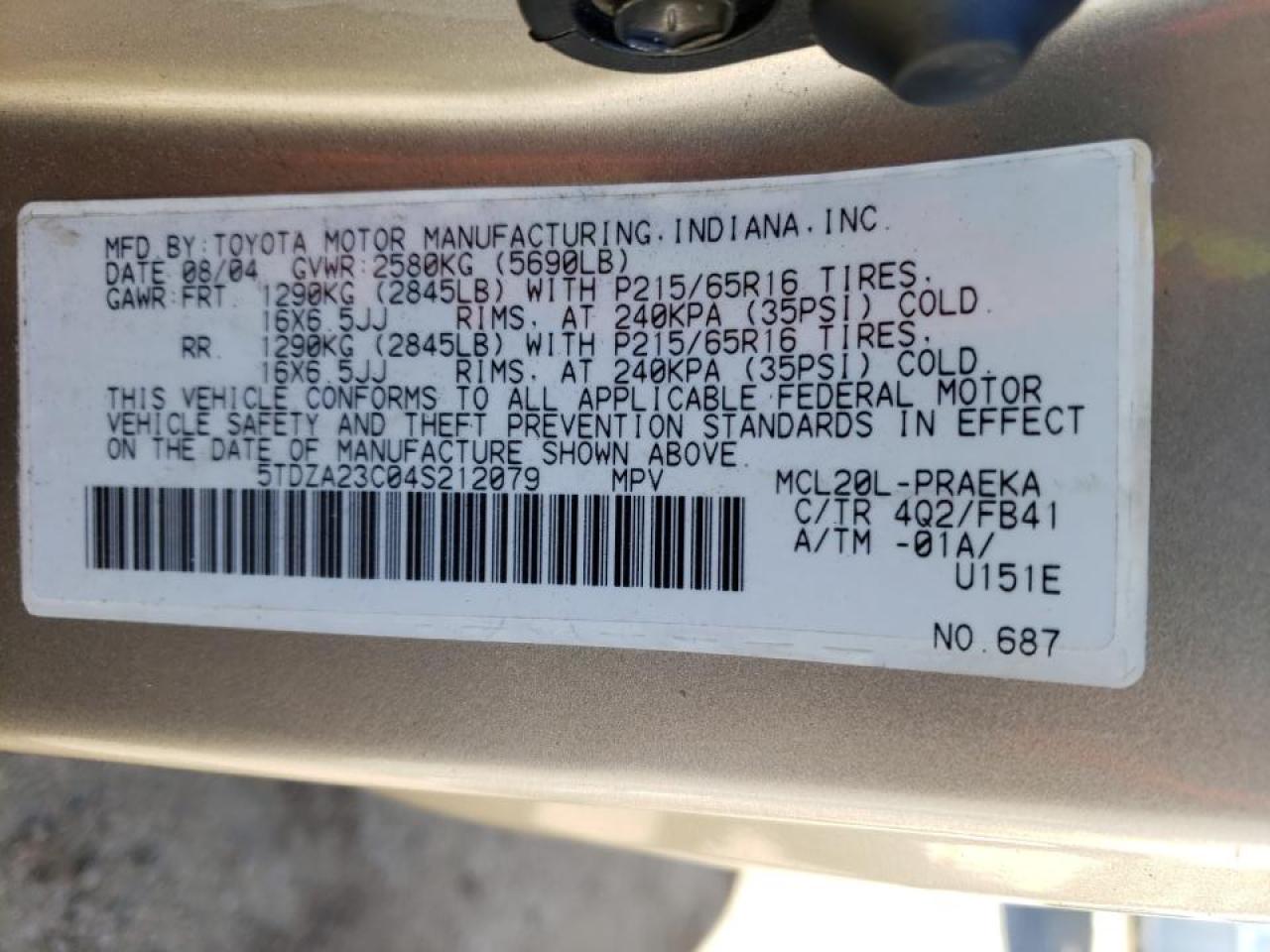 Photo 10 from auction – 2004 TOYOTA SIENNA CE with VIN 5TDZA23C04S212079