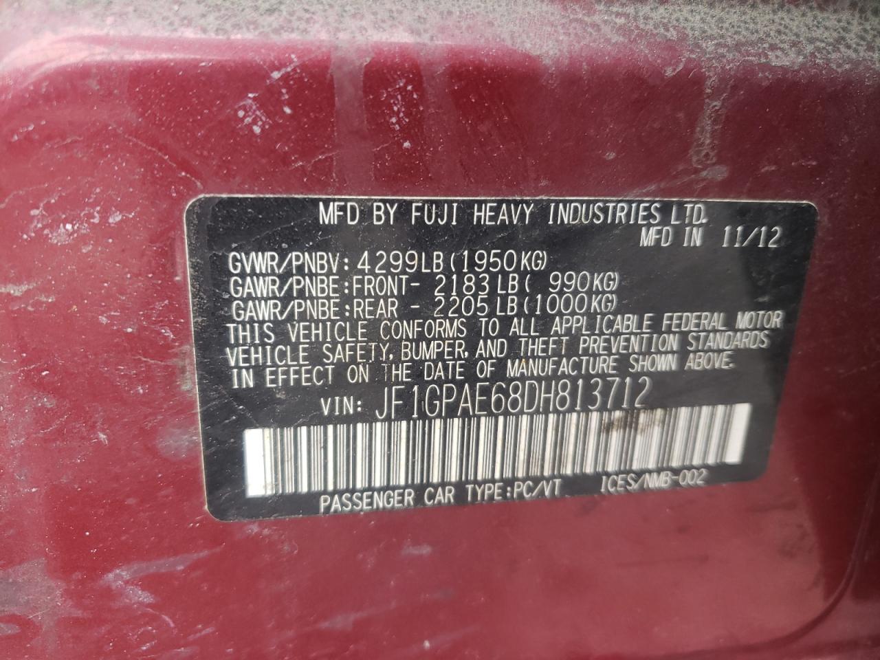 Photo 10 from auction – 2013 SUBARU IMPREZA PR with VIN JF1GPAE68DH813712