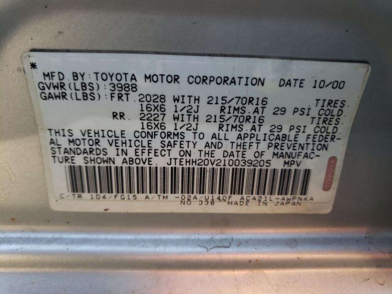 Photo 10 from auction – 2001 TOYOTA RAV4 with VIN JTEHH20V210039205