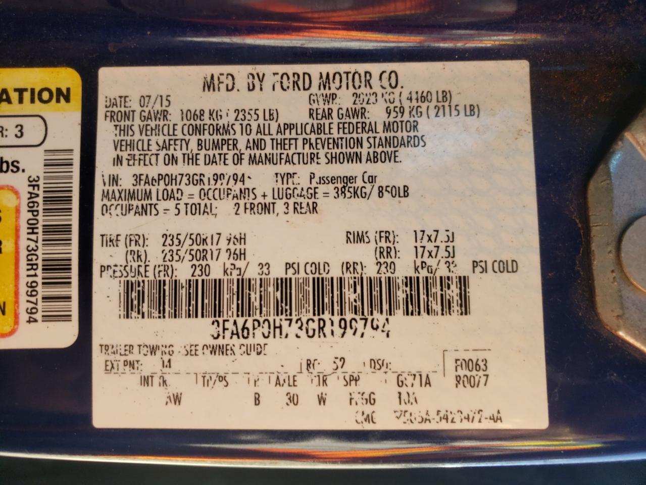 Photo 10 from auction – 2016 FORD FUSION SE with VIN 3FA6P0H73GR199794