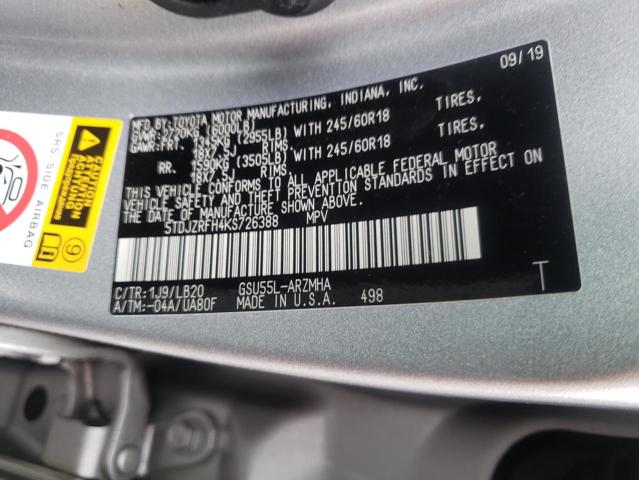 TOYOTA HIGHLANDER 2019 with VIN 5TDJZRFH4KS726388 - Photo from auction