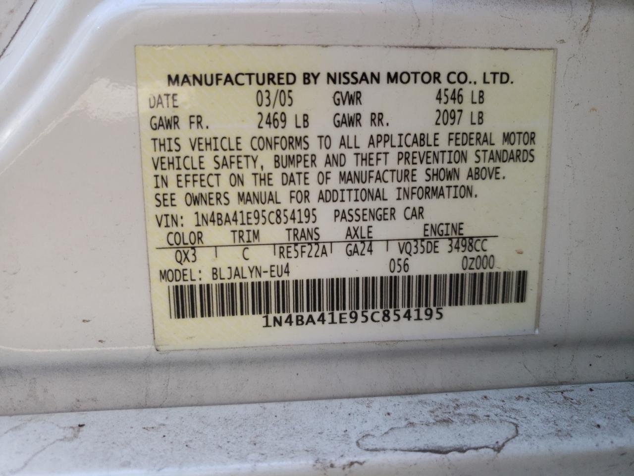 Foto 10 de la subasta – 2005 NISSAN MAXIMA SE con VIN 1N4BA41E95C854195