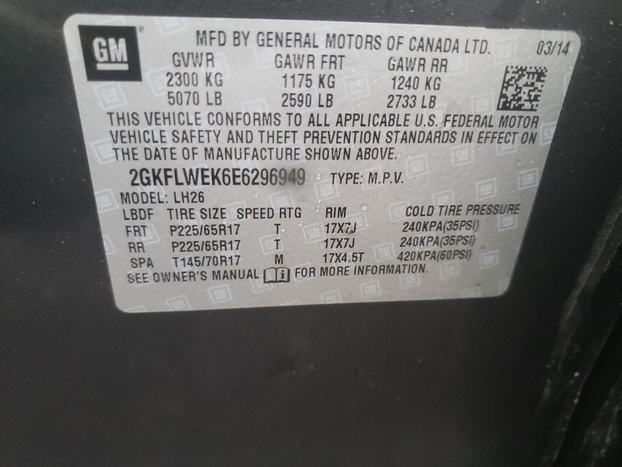 Photo 10 from auction – 2014 GMC TERRAIN SL with VIN 2GKFLWEK6E6296949
