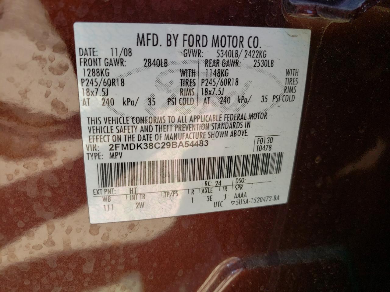 Photo 10 from auction – 2009 FORD EDGE SEL with VIN 2FMDK38C29BA54483