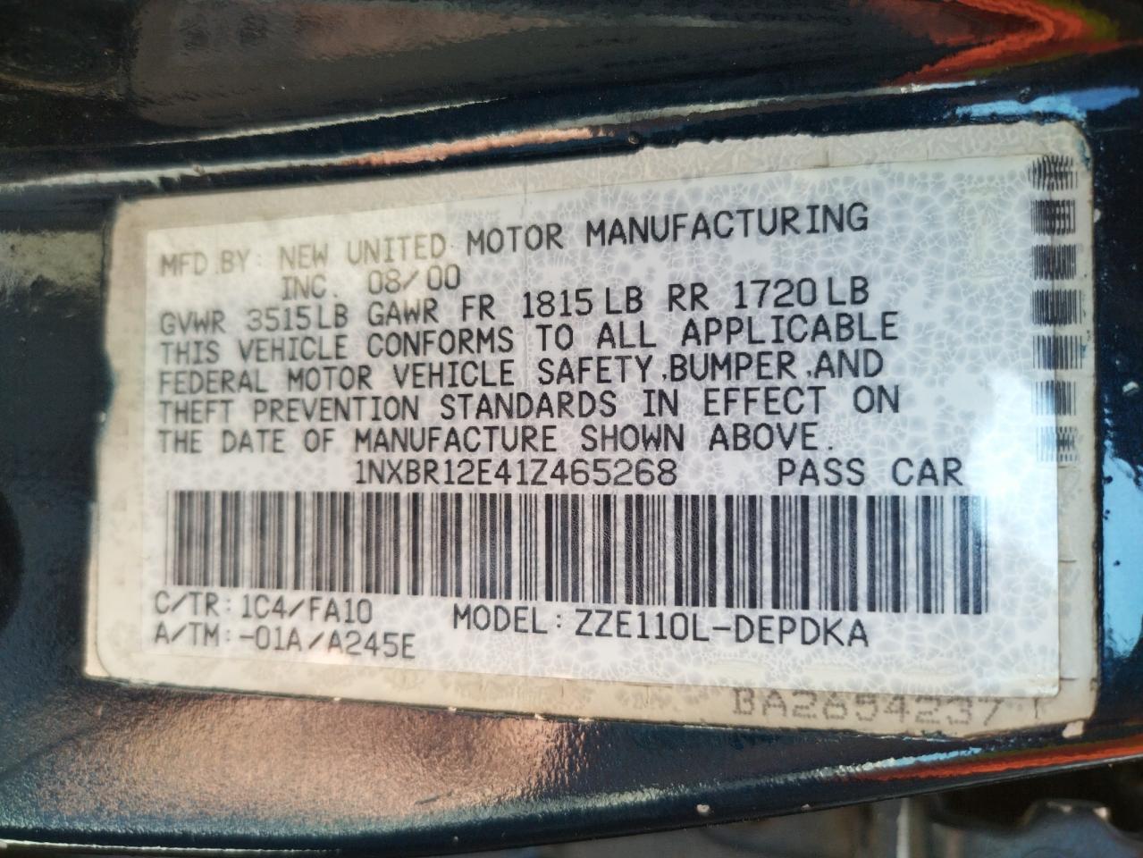 Photo 10 from auction – 2001 TOYOTA COROLLA CE with VIN 1NXBR12E41Z465268