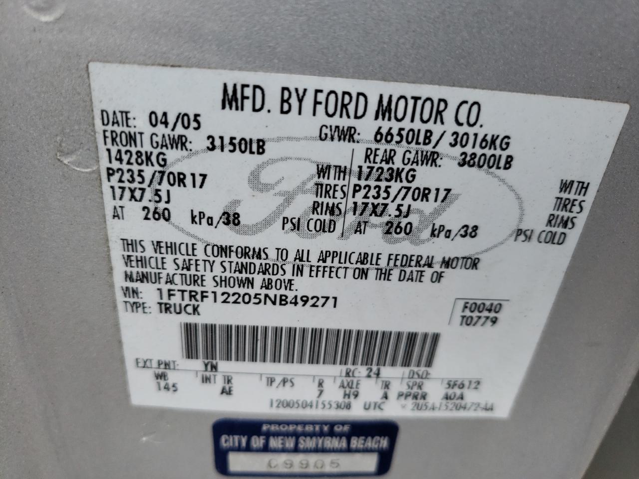 Photo 10 from auction – 2005 FORD F150 with VIN 1FTRF12205NB49271