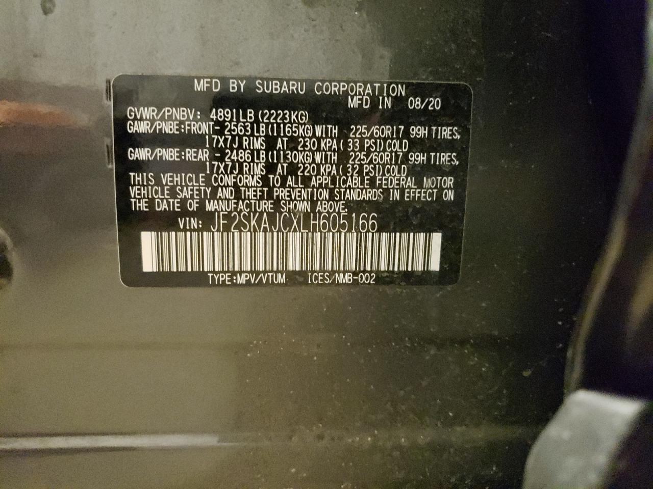 Photo 10 from auction – 2020 SUBARU FORESTER P with VIN JF2SKAJCXLH605166