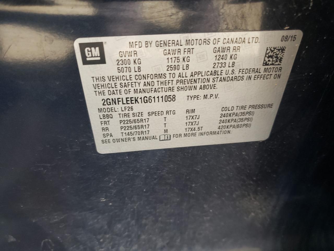 Photo 10 from auction – 2016 CHEVROLET EQUINOX LS with VIN 2GNFLEEK1G6111058